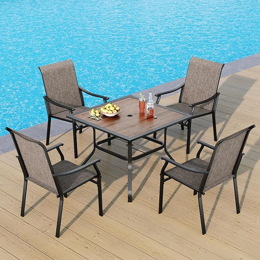 PHI VILLA 5 pcs Patio Dining Table and Chairs,Textilene Dining Chairs Sturdy and Durable and Square Metal Table with Wooden Table Top,Black Frame with E-Coating for Lawn,Garden