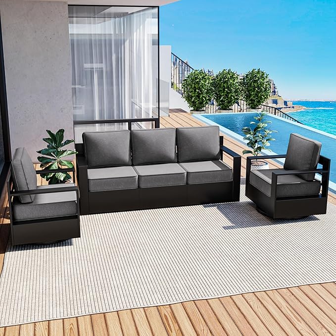 Outdoor Patio Furniture Set, 3-Piece Aluminum Patio Conversation Set All-Weather Metal Outdoor Sectional with 6 Inch Thick Cushions, Deep Setting for Garden, Outside and Porch
