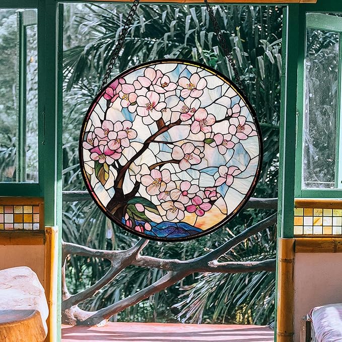 Stained Glass Window Hanging - Cherry Blossoms Suncatcher for Door Garden Home Decor Pink Flowers Sun Catcher Christmas Birthday for Friend Lovers Women Mom Nana 6.3 in