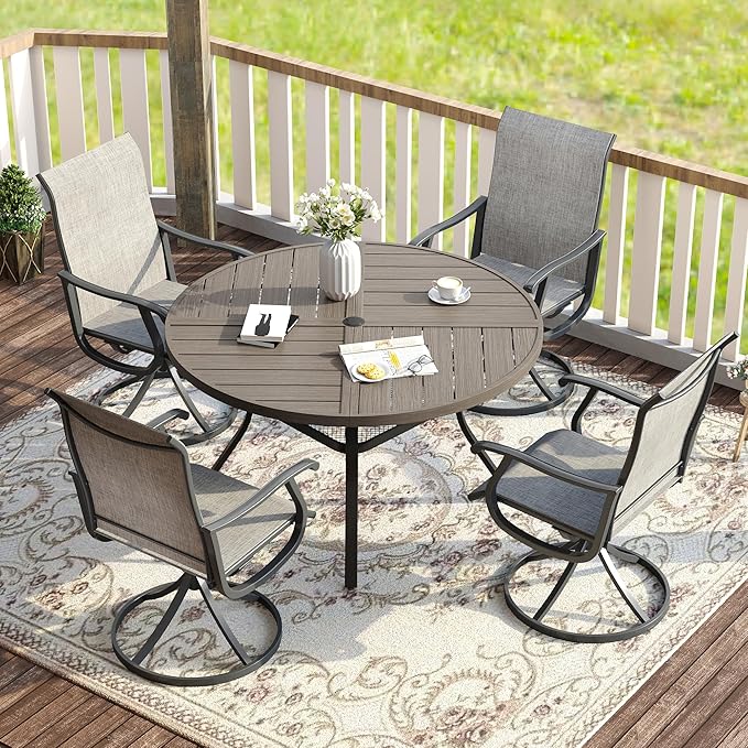 VICLLAX 5 Pieces Patio Dining Set for 4, Outdoor Furniture Set Includes 40.6" Square Outdoor Table and 4 Patio Swivel Chairs for Lawn Garden, Grey Wood Grain Tabletop and Grey Fabric