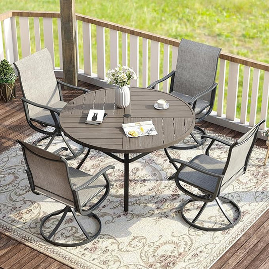 VICLLAX 5 Pieces Patio Dining Set for 4, Outdoor Furniture Set Includes 40.6" Square Outdoor Table and 4 Patio Swivel Chairs for Lawn Garden, Grey Wood Grain Tabletop and Grey Fabric