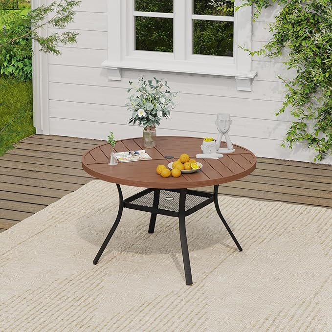 VICLLAX 5 Pieces Outdoor Dining Set, Patio Furniture Set of 4 Patio Swivel Dining Chairs and 40.6" Patio Spliced Round Tabletop with Storage Shelf, Mixed Brown Chairs & Walnut Tabletop