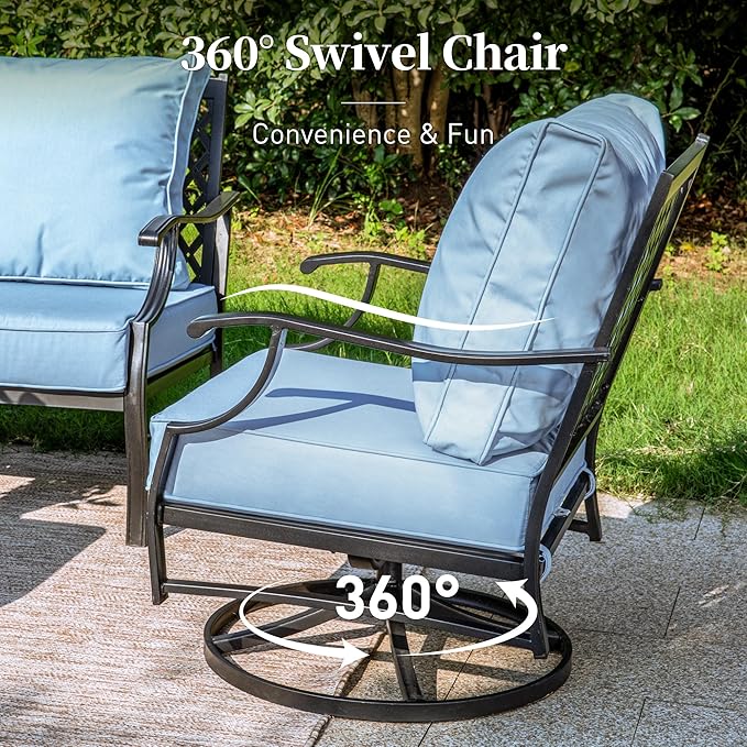 6 Piece Metal Outdoor Patio Furniture Set, Patio Conversation Sets 1 3-Seater Sofa, 2 Swivel Chair, 2 Leg Chair with 5.75" Thick Cushion and Coffee Table, Backyard Furniture Set, Blue
