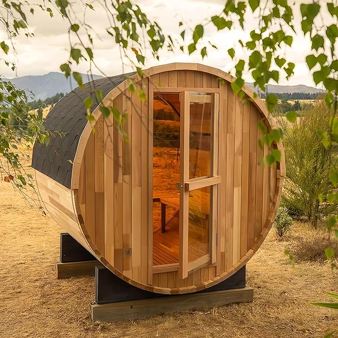 Panoramic Barrel Sauna 6 Person, Canadian Red Cedar Outdoor Sauna, 220V 6KW Toule Heater, Triple Waterproof System, (0-195 °F)