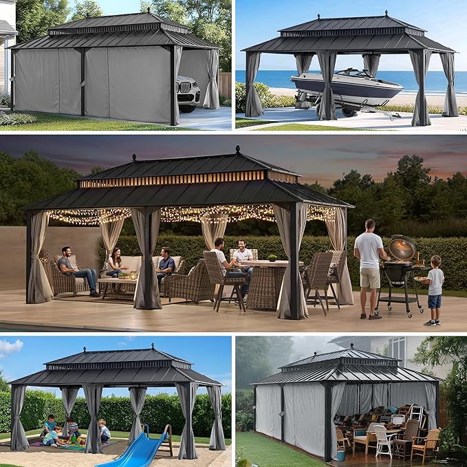 SUNJOY Kingston 20' x 12' Hardtop Gazebo with Galvanized Steel Double Roof, Curtain and Netting, Gray Aluminum Posts Permanent Pavilion Gazebo for Garden, Patio, Deck, Lawn