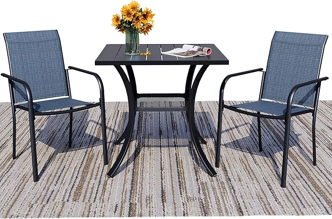3 Pieces Round Dining Table Set for 2, Patio Dining Set Includes 2 Blue Stackable Patio Chairs and 27.6" Black Metal Square Table, Patio Furniture Sets with Sling Support for Outside, Garden