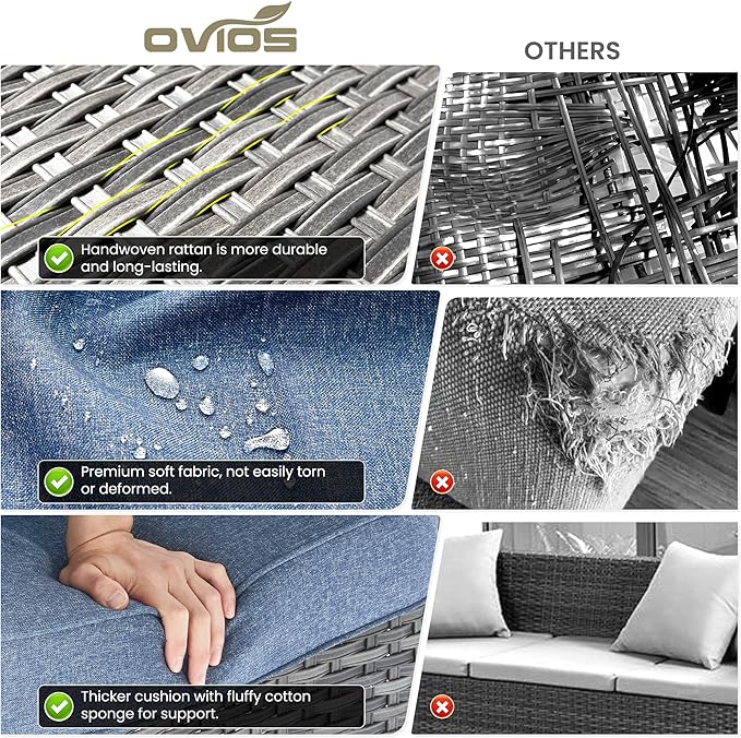 ovios 7 Pieces Patio Furniture Set, Outdoor Wicker Sofa Couch with Swivel Chairs Solar Lights Table, High Back All Weather Modern Conversation Sets, Grey Rattan, Denim Blue