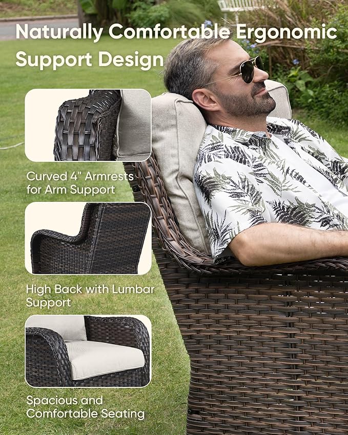 7-Piece Outdoor Wicker Patio Furniture Set with Swivel Glider Chairs, 3-Seat Sofa, Coffee Table & Ottomans 5” Olefin Cushions Ergonomic Neck-Lumbar Backrest All-Weather Rattan for Garden, Deck, Porch