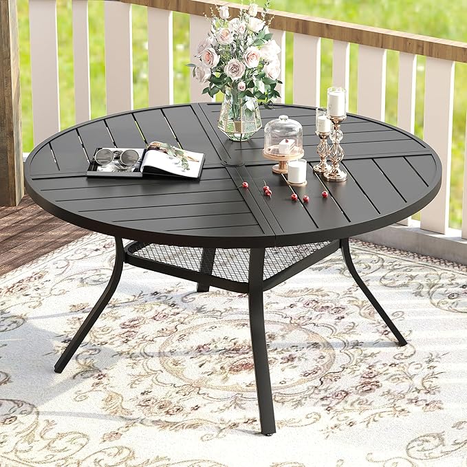 VICLLAX 7 Pieces Patio Dining Set for 6, Outdoor Furniture Set Includes 47.2" Outdoor Round Table and 6 Patio Swivel Chairs for Lawn Garden, Black Tabletop and Blue Fabric