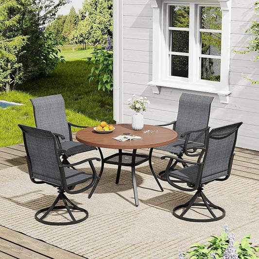 VICLLAX 5 Pieces Outdoor Dining Set, Patio Furniture Set of 4 Patio Swivel Dining Chairs and 41" Patio Round Table with Storage Shelf, Dark Charcoal Chairs & Walnut Tabletop