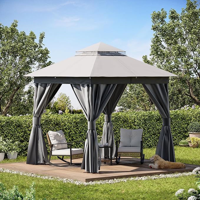 Outdoor Patio Gazebo 10FT, Heavy Duty Party Tent & Shelter with 2-Tier Roof and Expansion Bolts, Mosquito Nettings and Privacy Screens for Backyard, Garden, Poolside, Gray