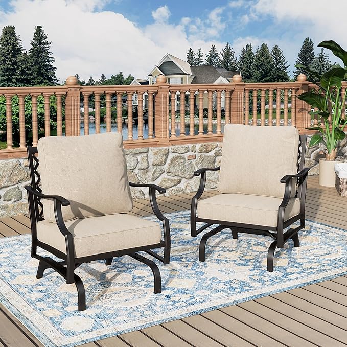 Patio Chairs Set of 2, High Back Outdoor Patio Metal Chairs with 5.75" Thick Cushions for Bistro Balcony Porch Deck and Yard, Beige