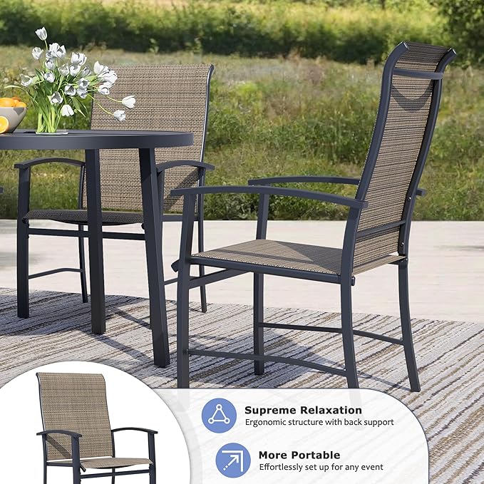 Outdoor Dining Chairs Set of 8, Stackable Patio Chairs with Metal Frame & Textilene Fabric, Perfect for Patio Garden Deck, Mocha