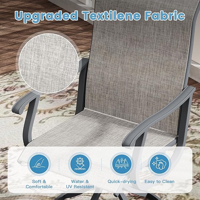 DIFY 7 Pieces Outdoor Patio Dining Set, 6 Grey Textilene Swivel Dining Chairs and 47.2" Grey Wood-Like Round Dining Table, Metal Outdoor Table and Chairs