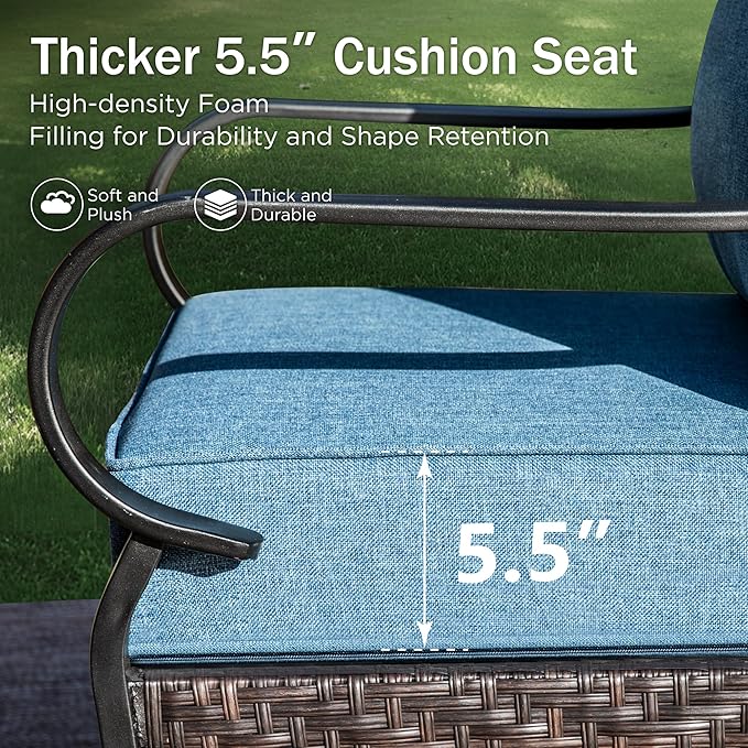 PHI VILLA Outdoor Modern Patio Furniture Set, Upgraded Wicker&Metal Patio Furniture Conversation Set with Waterproof Thick Cushions for Porch, Poolside, Deck, and Yard (4 Pieces,Navy)
