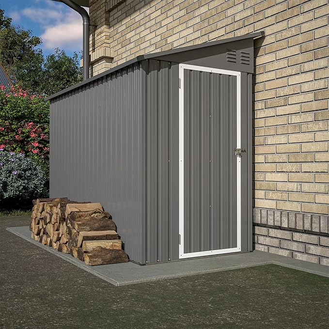 4×8 FT Lean to Metal Shed,Outdoor Heavy-Duty Storage Shed with Floor Base,All Weather Waterproof Garden Tool House W/Lockable Door&2 Air Vents,Reversible Door Design,for Backyard,Patio,Lawn,Gray