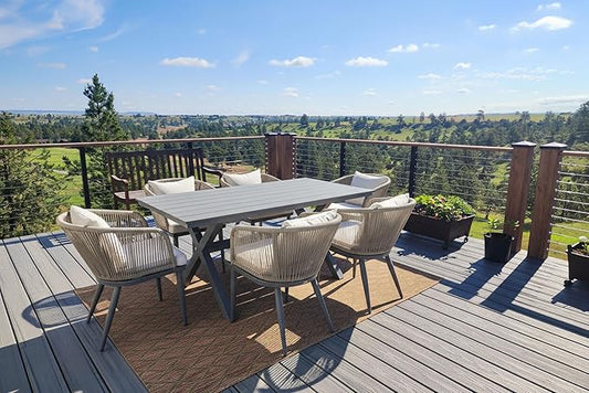 PURPLE LEAF 7 Pieces Patio Dining Set Wicker Outdoor Furniture Rectangular Table and Chairs Set for Garden Deck Aluminum Frame Backyard Kitchen Set, Cushions and Pillows Included Taupe