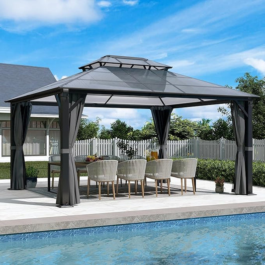 12' x 14' Hardtop Gazebo, Outdoor Polycarbonate Double Roof Gazebo with Metal Frame Permanent Pavilion with Netting& Curtains for Garden, Patio