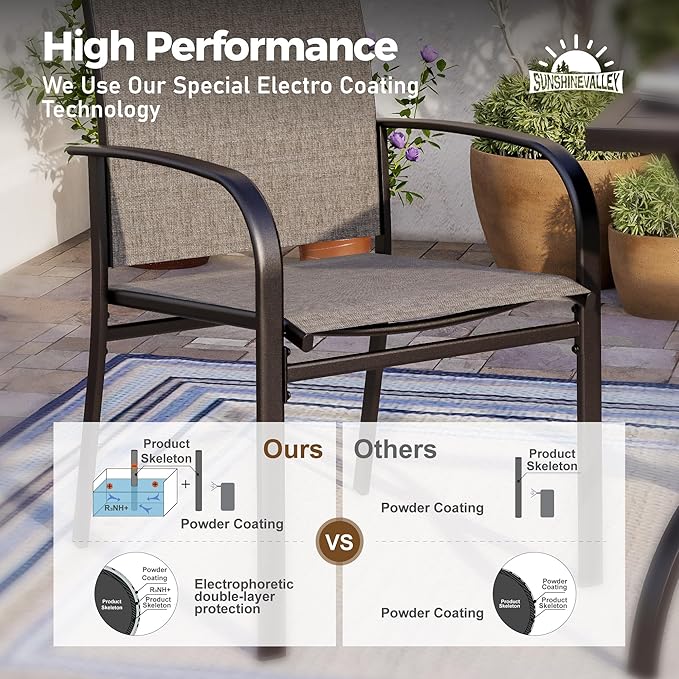 7 PCS Patio Dining Set for 6, Rectangular Metal Table with Umbrella Hole, 6 x Brown Dining Chairs, Outdoor Table and Chairs Set for Lawn Backyard and Deck