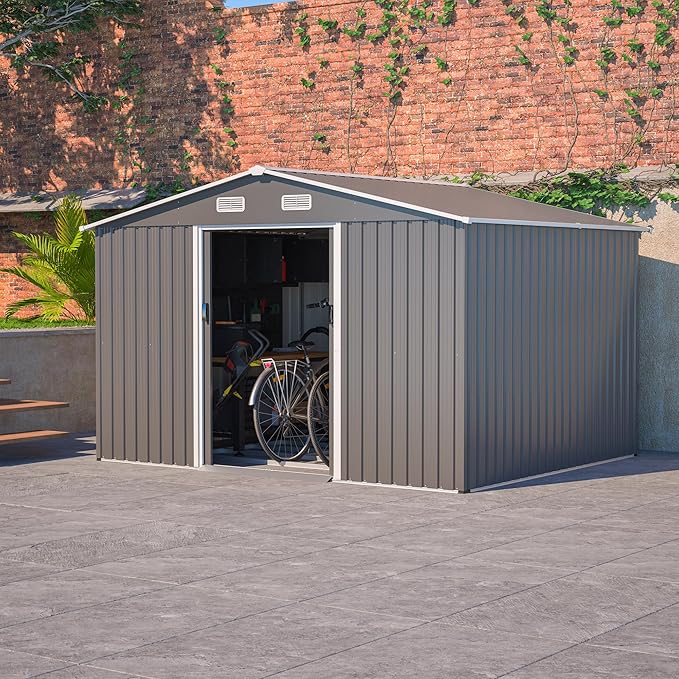 10x8 FT Sheds & Outdoor Storage Shed with Floor Frame, Metal Shed Included Lockable Sliding Door and Air Vents Foundation Steel Garden Shed with Waterproof Roof Ideal for Backyard Patio (Dark Gray
