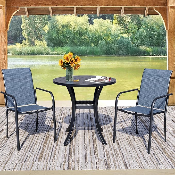 3 Pieces Round Dining Table Set for 2, Patio Dining Set Includes 2 Blue Stackable Patio Chairs and 27.6" Black Metal Round Table, Patio Furniture Sets with Sling Support for Outside, Garden