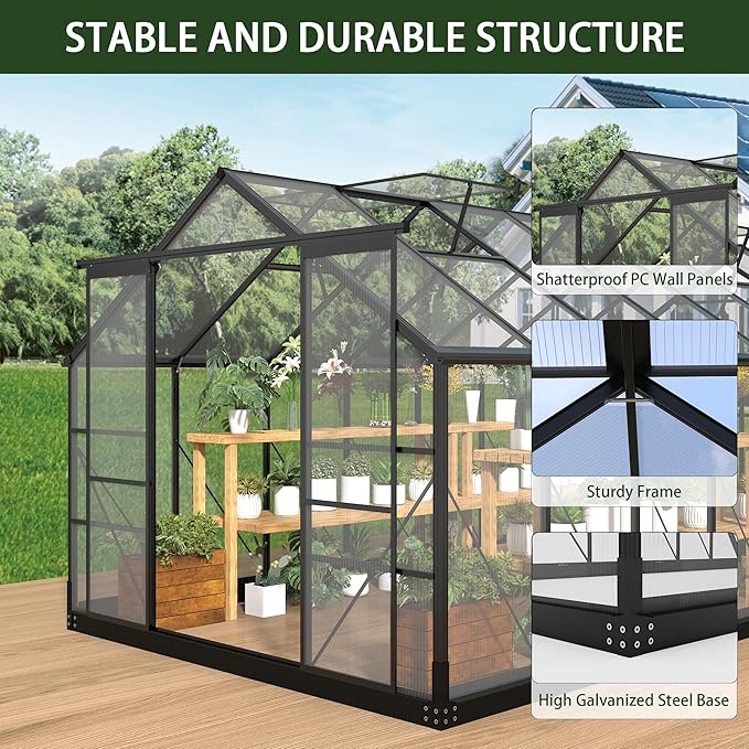 Greenhouses for Outdoors, 8x16 FT Polycarbonate Greenhouses with 4 Adjustable Roof Vents, Walk-in Aluminum Frame Green Houses for Outside with Sliding Doors Windproof, Garden