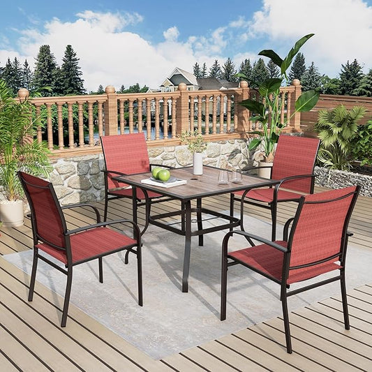 5 Pieces Patio Table and Chairs Set, 4 Person Outdoor Dining Furniture Set, 4 Red Textilene Chairs and 37" Wood-Like Table Top Table with Umbrella Hole, for Deck Backyard Lawn