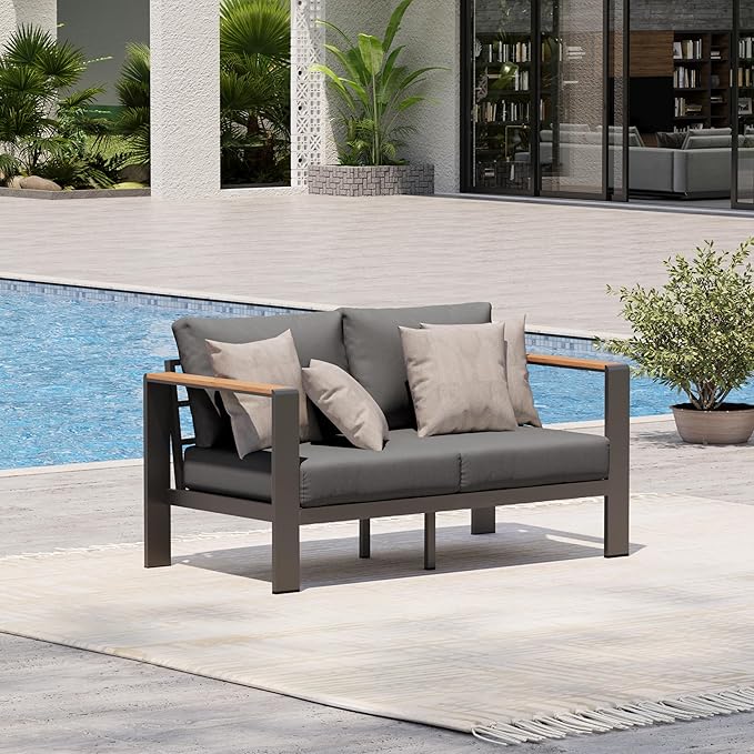 Aluminum Outdoor Patio Furniture Loveseat, All-Weather Outdoor Patio Sofa with Washable Thick Cushion, Patio Sofa Couch for Porch, Balcony, Deck, Yard, Graphite