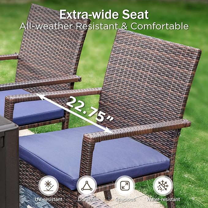 PHI VILLA 5 Piece Outdoor Dining Set with Umbrella, 37" Square Metal Dining Table & Cushioned Rattan Chairs with 10ft Blue Umbrella for Patio, Deck, Yard, Porch