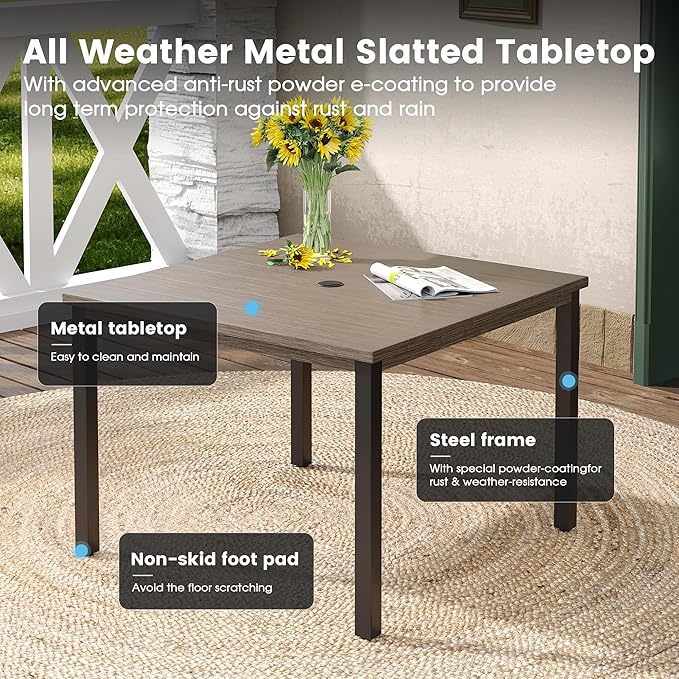 DIFY 5 Pieces Outdoor Patio Dining Set for 4, 40.2" Metal Square Dining Table and 4 Grey Textilene Swivel Dining Chairs, Outdoor Table and Chairs