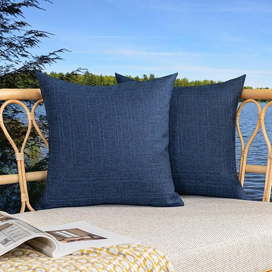 Kevin Textile Pack of 2 Decorative Outdoor Waterproof Throw Pillow Covers Checkered Pillowcases Classic Cushion Cases for Patio Couch Bench 16 x 16 Inch Blue