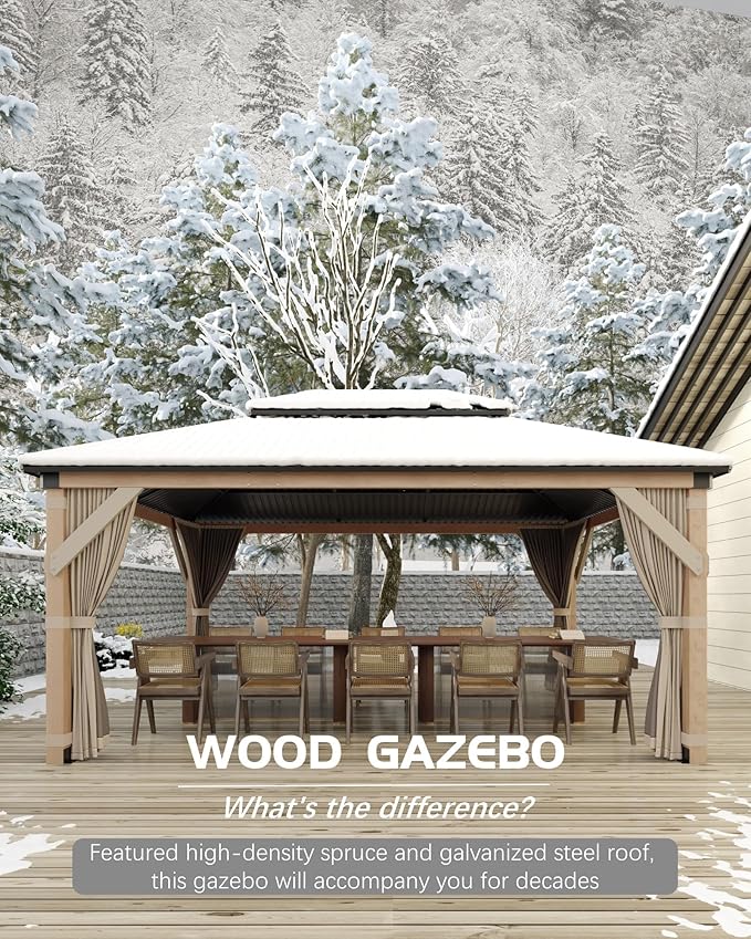 GAOMON Hardtop Spruce Wood Gazebo 10'x12', with Double Roof of Metal Sheets, 4.7'' Heavy Duty Poles, Net, and Curtain, Permanent Building for Patio, Deck, Backyard, Lawn, and Garden, Khaki