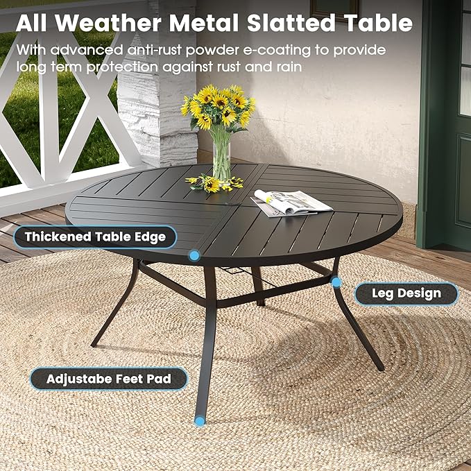 DIFY 9 Pieces Outdoor Patio Dining Set, 8 Blue Textilene Swivel Dining Chairs and 59.8" Black Round Metal Dining Table, Outdoor Table and Chairs