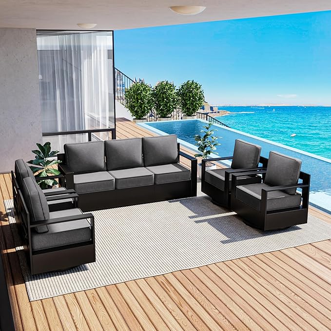 Outdoor Patio Furniture Set, 5-Piece Aluminum Patio Conversation Set All-Weather Metal Outdoor Sectional with 6 Inch Thick Cushions, Deep Setting for Garden, Outside and Porch