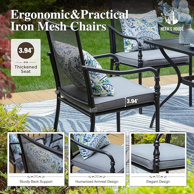 HERA'S HOUSE Round Patio Table and Chairs, Metal Outdoor Dining Sets for 4, 42" Black Table with 4 Cushioned Armrest Chairs for Garden Lawn Backyard
