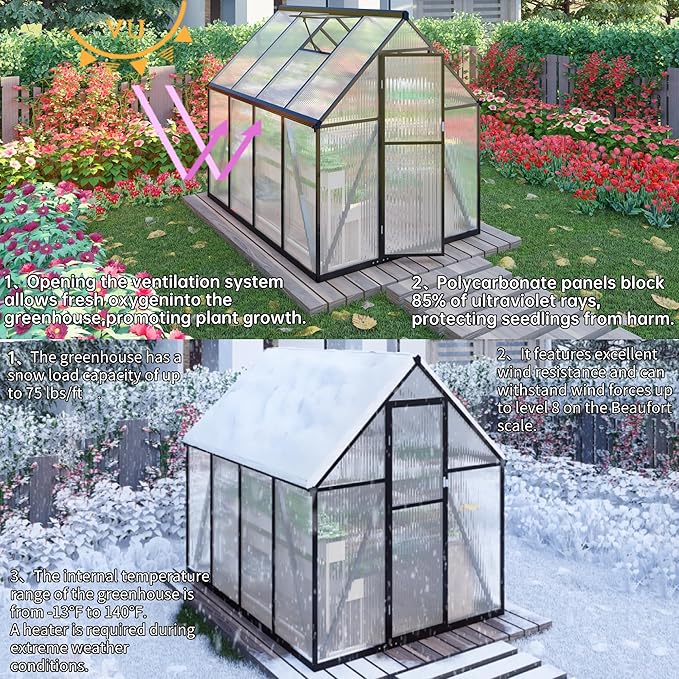CQZY 6x8 FT Walk-in Greenhouse for Outside,Dark Gray