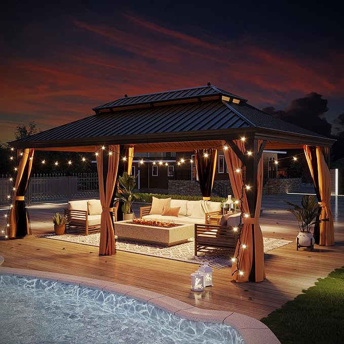 12'x20' Hardtop Gazebo Outdoor Aluminum Patio Gazebo Double Roof Galvanized Steel Canopy with Netting and Curtains for Garden, Backyard,Deck and Lawns