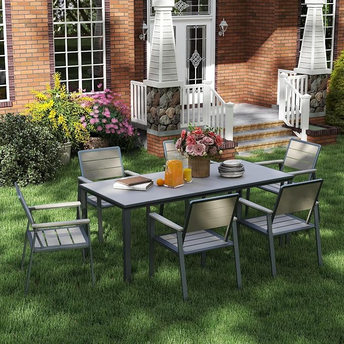 7-Piece Patio Dining Set with 11 FT Curvy Cantilever Umbrella, HDPE Tabletop & Aluminum Frame All-Weather Outdoor Furniture for Garden, Backyard, Poolside, Gray
