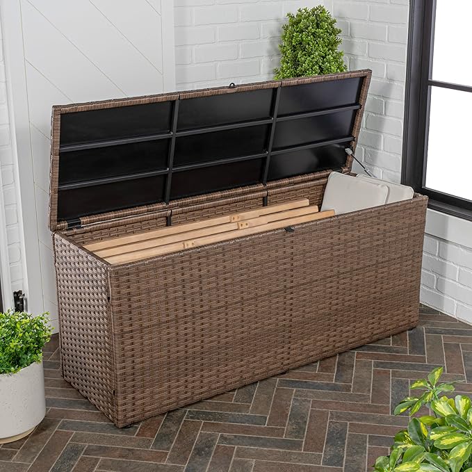happimess TRK1001B Nino 47.24" Modern Minimalist Outdoor Faux Wicker Deck and Patio Storage Box, Brown, Soft-Close, for Package Delivery, Patio Furniture, Cushions, Gardening Tools, Pool Supplies