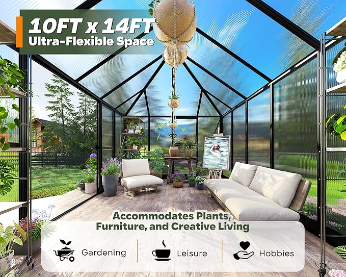 14×9.7×10 FT Greenhouse for Outdoors with 6 ft Double Swing Door & 2 Vents, Heavy Duty Green House with Aluminum Frame for Outside Patio Backyard Garden