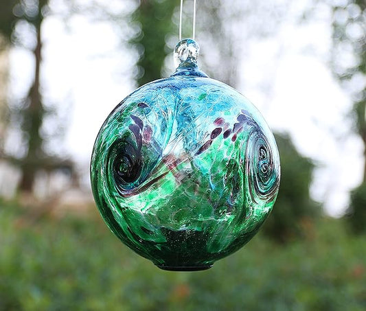 6-Inch Solar Hanging Glass Gazing Ball Outdoor Garden Décor Aqua-Green Swirl