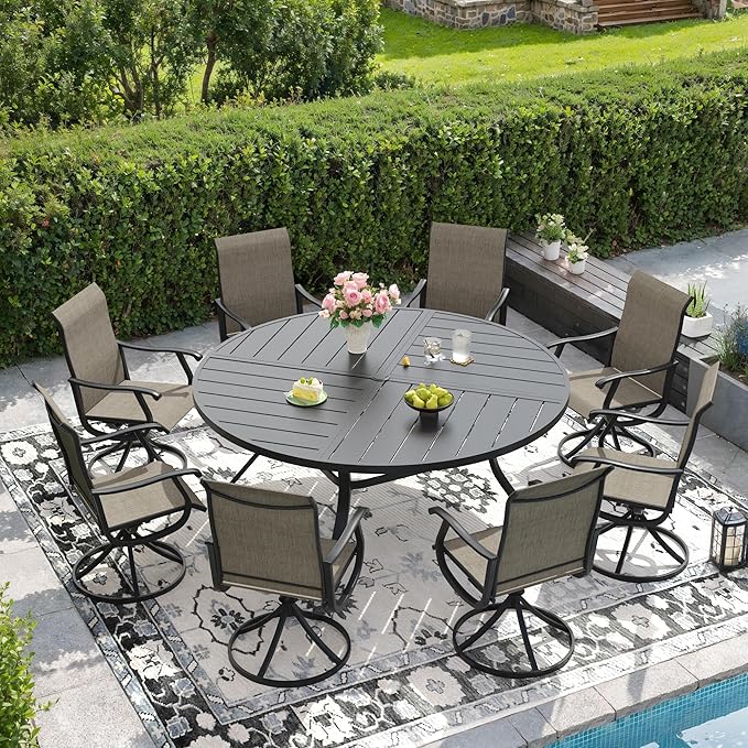 DIFY 9 Pieces Outdoor Patio Dining Set, 8 Brown Textilene Swivel Dining Chairs and 59.8" Black Round Metal Dining Table, Outdoor Table and Chairs