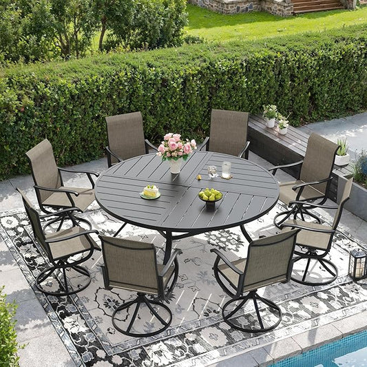 DIFY 9 Pieces Outdoor Patio Dining Set, 8 Brown Textilene Swivel Dining Chairs and 59.8" Black Round Metal Dining Table, Outdoor Table and Chairs
