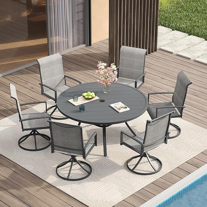 VICLLAX 7 Pieces Patio Dining Set for 6, All Weather Outdoor Furniture - 47.2" Round Patio Table and Swivel Padded Chairs, Grey Tabletop and Fabric