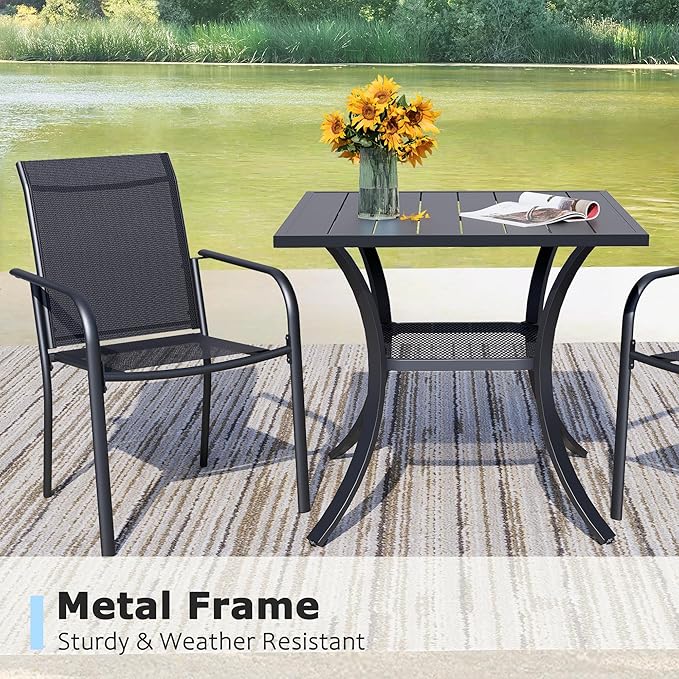 3 Pieces Round Dining Table Set for 2, Patio Dining Set Includes 2 Black Stackable Patio Chairs and 27.6" Black Metal Square Table, Patio Furniture Sets with Sling Support for Outside, Garden