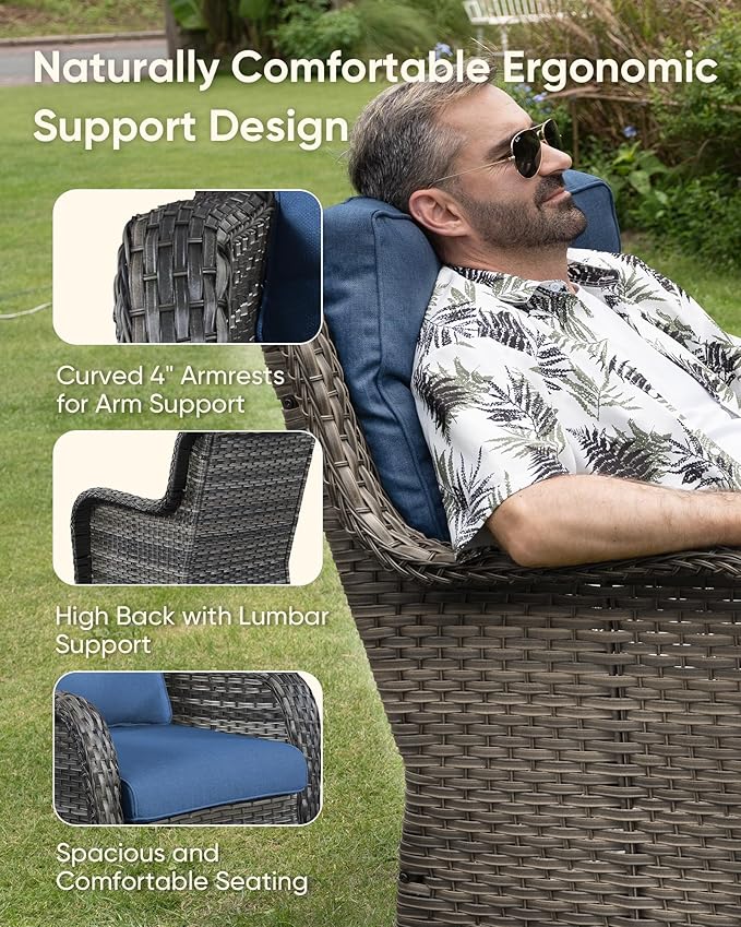 7-Piece Outdoor Wicker Patio Furniture Set with Swivel Glider Chairs,Loveseat, Coffee Table & Ottomans 5” Olefin Cushions Ergonomic Neck-Lumbar Backrest All-Weather Rattan for Garden, Deck, Porch