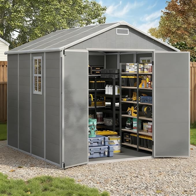 Outdoor Shed 5x3/6x4/7x7/8x6/8x10/8x12 FT, 15MM Thick PP Resin Plastic Shed with Lockable Door & Floor - Waterproof Plastic Tool Shed for Bike, Garbage Can, Backyard, Patio ﻿ ﻿ (Grey, 7x7FT)