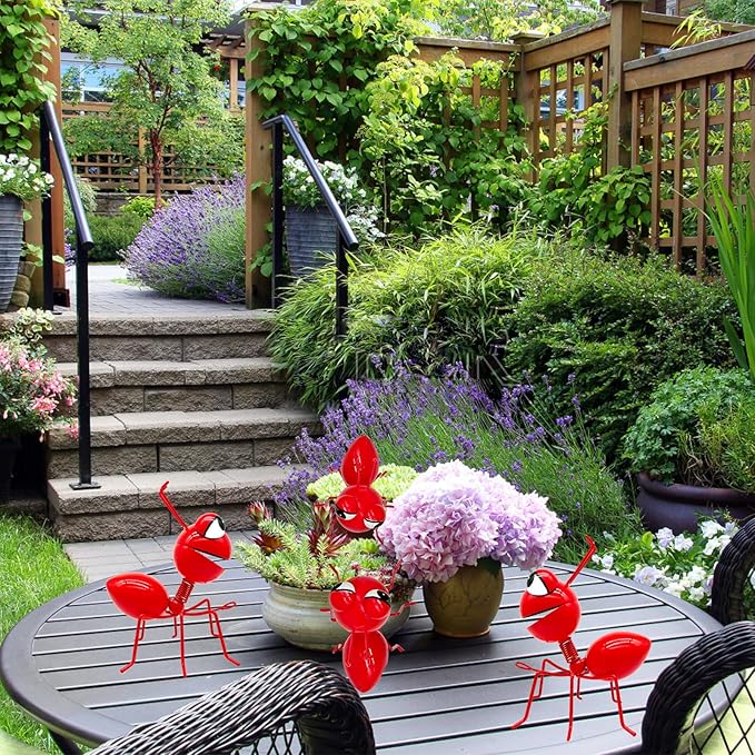 Metal Yard Art Garden Decorative Cute Ant Outdoor Wall Sculptures - Set of 4 Red
