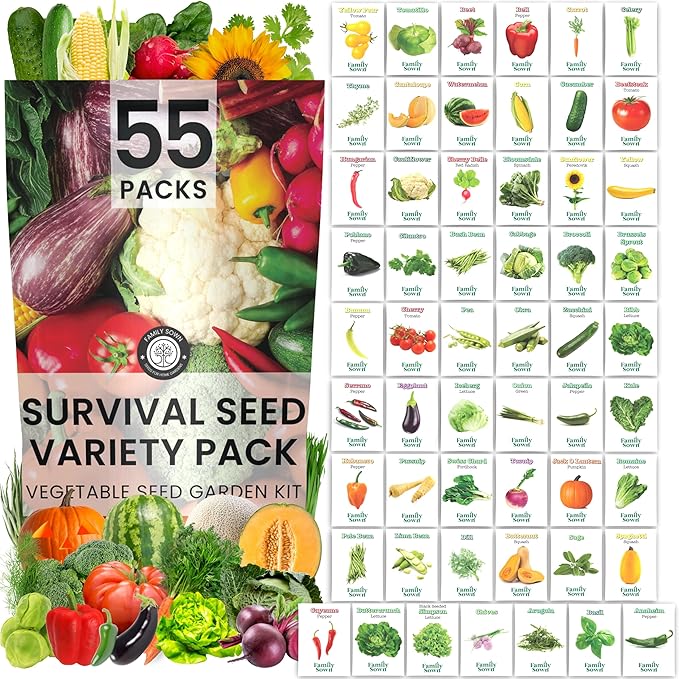 55 Vegetable Seed Packets | Survival Variety Pack | 2025 Season | Individually Packed Vegetables, Herbs and Fruits | Emergency Seed Vault for Doomsday Prepping | by Family Sown