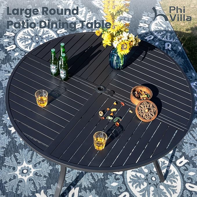 PHI VILLA 7 Pieces Outdoor Round Dining Set for 6, Large Wrought Iron Dining Table with Umbrella Hole & Stackable Metal Chairs, Dining Furniture Set for Patio, Deck, Yard, Porch
